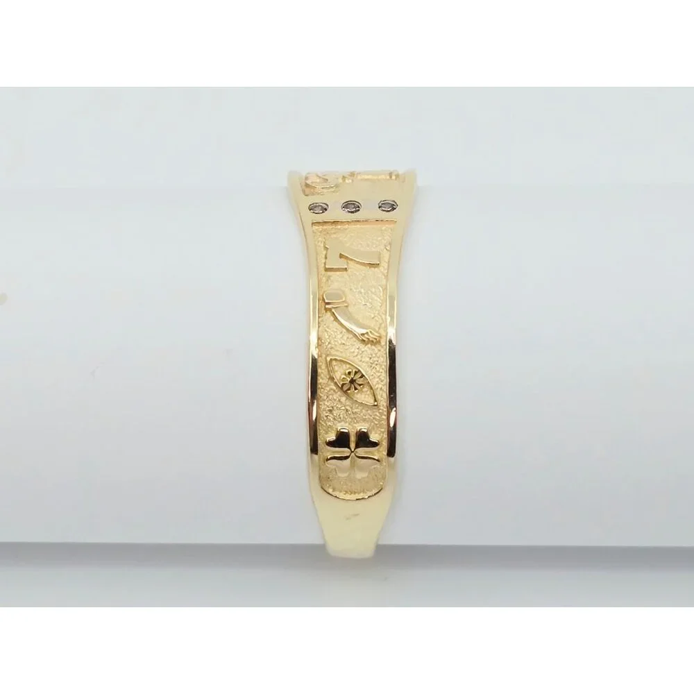 Unique 14K Karat Solid Yellow Gold Designer Lucky Symbols CZ Ring - Size 14
